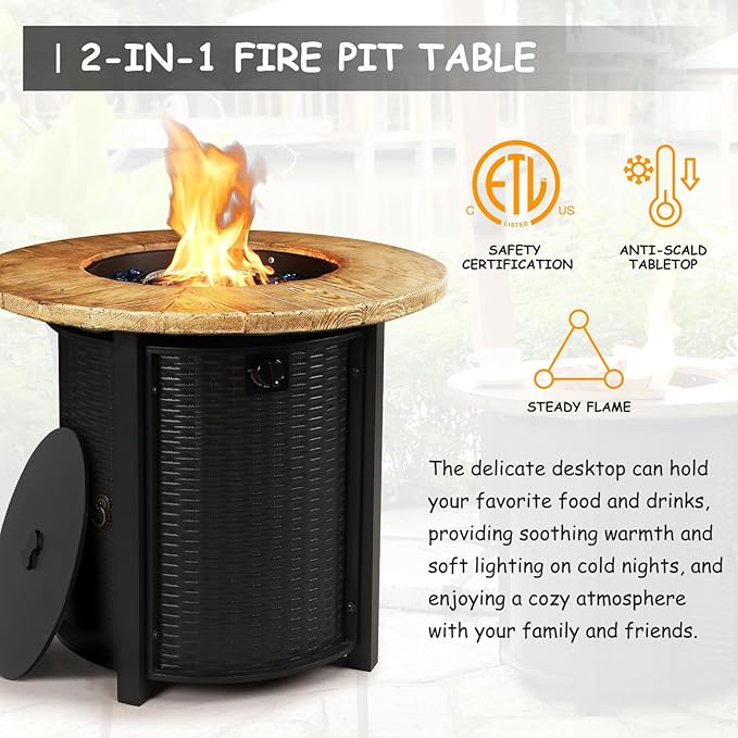 30 Inch Round Propane Fire Pit,50,000 BTU Iron Gas Firepit with Ignition Systems,w/Lid,Glass Stones,Outdoor Fire Table for Outside Patio,Deck-Black