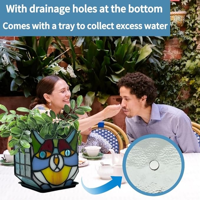 Tiffany Stained Glass Cat Planter,Indoor and Outdoor Plant Displays,Succulent Cat Pot,Plant Gifts for Women,4.6x5.15x3 in (Without Succulents)