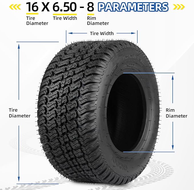 (2 Pack) 16x6.50-8 Lawn Mower Tubeless Tire, 16x6.5-8 for Tractor Riding Lawnmowers, 4 Ply, Turf-S Pattern