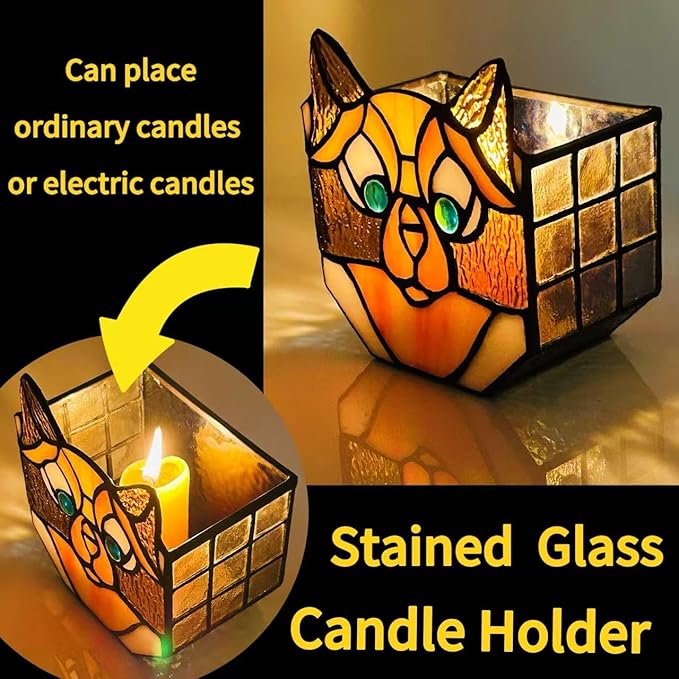 Stained Glass Yellow Cat Planter, Indoor Plant Tabletop Plant Display, Yellow Cat Small Plant Pot, Terrarium Decor, Decor Gift 4.6x3x5.15 in