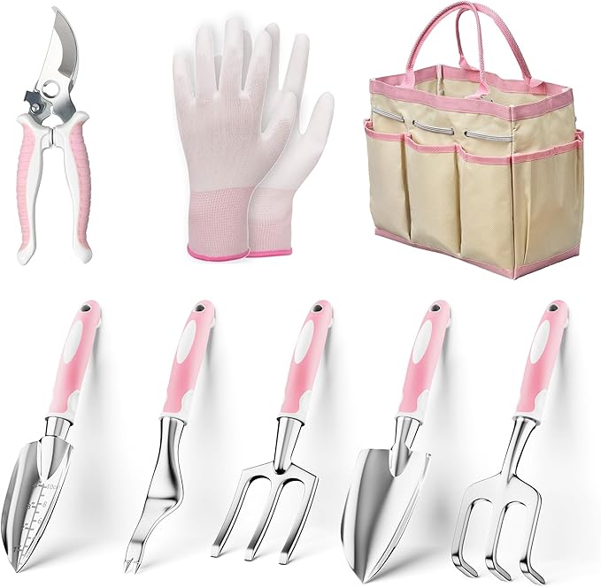 Garden Tools, 8 Piece Gardening Tools with Bag, Heavy Duty Stainless Steel Garden Tools Set, Outdoor Hand Tools, Ideal Garden Tool Kit Gifts for Women Pink.