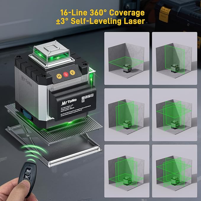 Laser Level, MrToNo 4 x 360 °laser level 360 self leveling, 16 Lines 4D lazer leveler tool Green 360 laser level, for Construction, Ceiling, Tiling, Framing, Home Renovation, Picture Hanging (Silver)