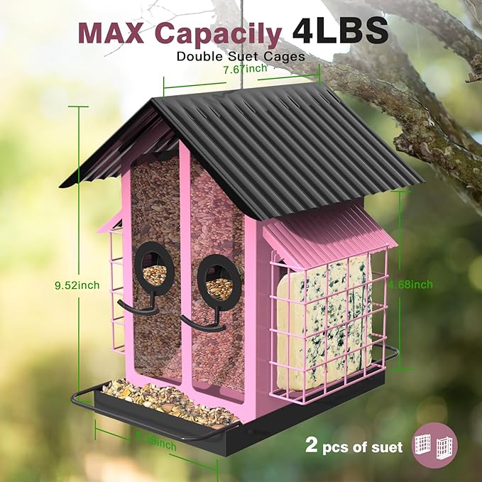 Bird Feeders for Outdoors, Metal Bird Feeder with Double Suet Cage Weatherproof Metal Roof, 2 in 1 Mixed Seeds Suet Feeder, 4Lbs Large Capacity, Great for Finch、Cardinal、Chickadee（Pink）