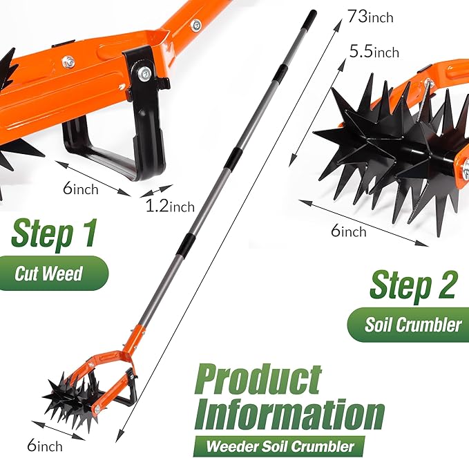 Walensee Rotary Cultivator Garden Tool, Adjustable Long Handle Hand Tiller with Star-Shaped Rolling Tines, 2-in-1 Weeder & Soil Aerator for Lawn Care, Reseeding Grass, Soil Mixing, Manual Yard Tiller