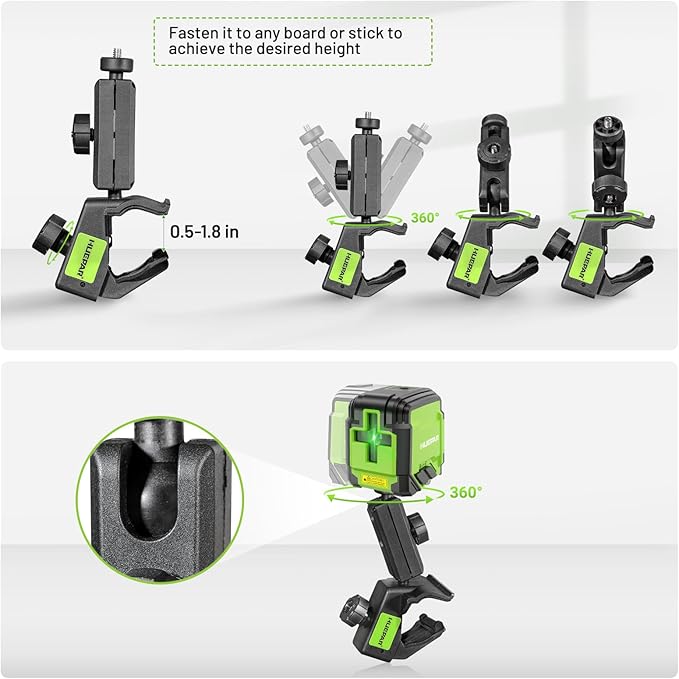 Laser Level with Clamp, HUEPAR 98Ft Self Leveling Laser Level Green Line Laser Cross Line Laser Leveler Tool for Picture Hanging, Tile, Home Renovation, Indoor Project, Battery&Carrying Bag Included