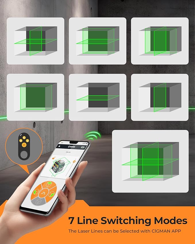 CIGMAN 3x360° Laser Level with Remote&APP Control, Green Self Leveling Cross Line Laser for Construction and Picture Hanging, 3D Vertical/Horizontal Line, Magnetic Rotating Stand Included