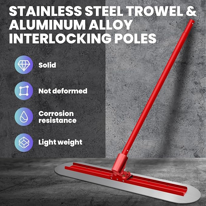 48"x 12"Fresno Concrete Trowel, Concrete Bull Float Finishing Tools Round End Stainless Steel Trowel Board with Extension Rod Concrete Finishing Tools Kit