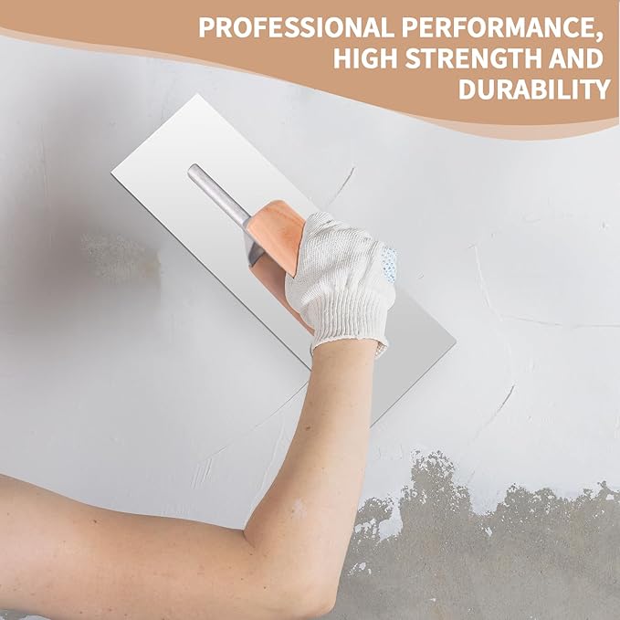 Lasnten 3 Piece Drywall Trowel, Stainless Steel Finishing Masonry Trowel Set Includes 14" x 4", 12" x 4", 8" x 3", Lightweight Wooden Handle, for Pool Concrete Cement Plastering Tool(Square Head)