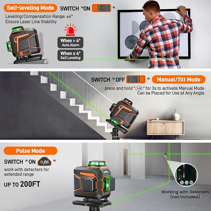 Laser Level 360 Self Leveling Green Light Laser Level Tool Wall Mount Base Bracket 100ft Nivel Laser Rechargeable Battery Receiver for Outdoor Use,4D 4x360