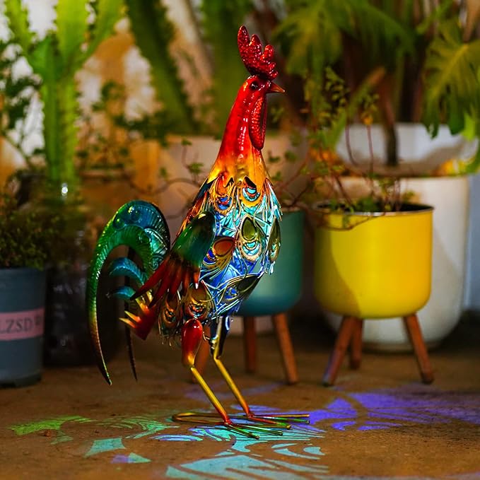 19 Inch Solar Rooster Statue, Metal Yard Art with Colorful Lights for Garden Lawn Outdoor Decoration Gifts