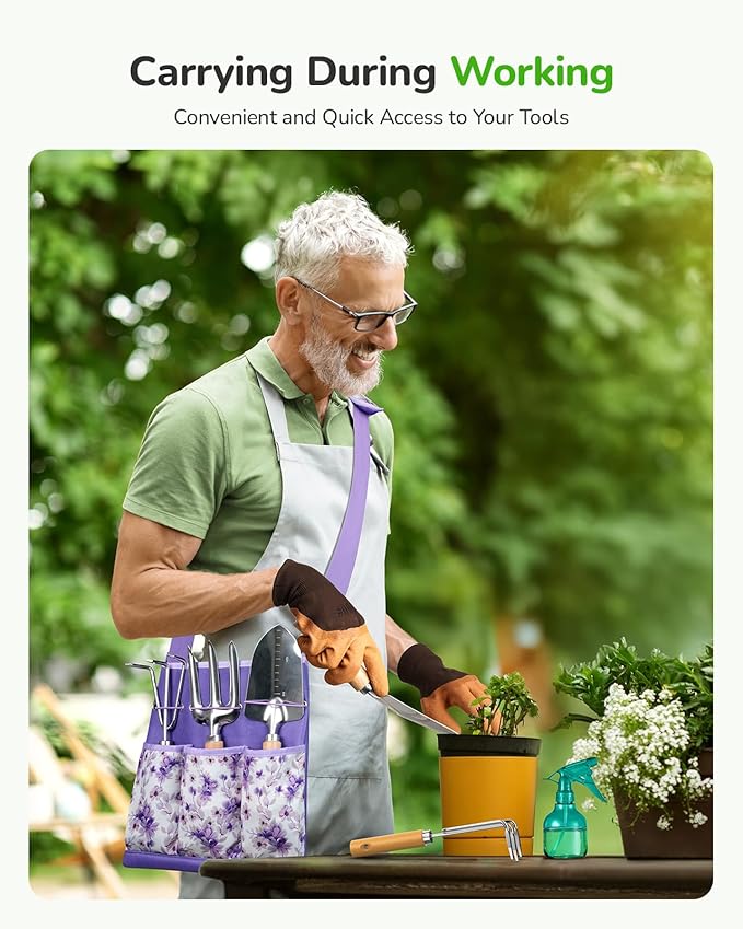 All-in-One Garden Tool Set, 11-Piece Heavy Duty Gardening Tools with Ergonomic Canvas Shoulder Crossbody Bag, Rust-Proof Premium Garden Tool Kit, Gardening Gift for Women Men (Purple)