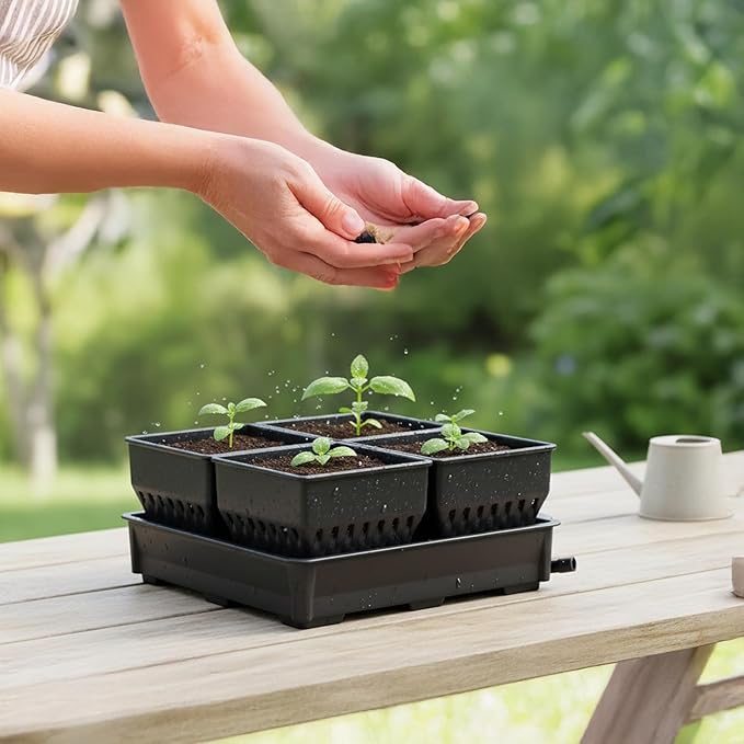 Seed Starter Pots with Tray, 8 Cell Reusable Square Nursery Pots for Seedlings with Drainage Holes, Indoor Outdoor Plastic Gardening Containers for Herbs, Flowers & Vegetables (Black)