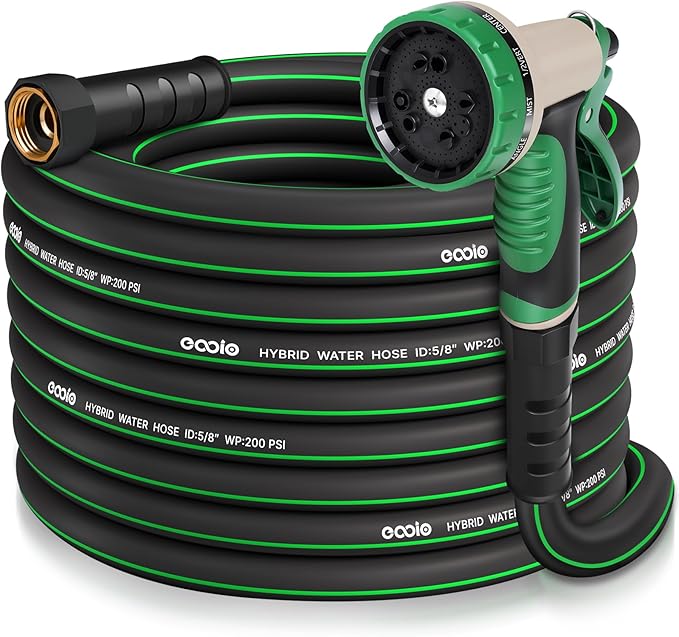 Garden Hose 50ft with 10 Function Nozzle, NON-EXPANDABLE Flexible Water Hose, Kink Resistant Lightweight Hybrid Hose, Leakproof Hose Male to Female Fittings