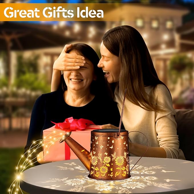 Outdoor Hanging Solar Lantern Waterproof Set Outside Metal Sunflower & Butterfly watering can Landscape Lights for Garden Yard Patio Pathway Decor Birthday Gifts for Women Mom Grandma -With Floor Pole