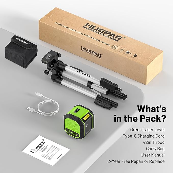 Laser Level with 42 Inch Tripod, Huepar 100Ft Self Leveling Laser Level Rechargeable Green Cross Line Lazer Leveler Tool for Picture Hanging, Tile, Home Renovation, Carrying Bag Included