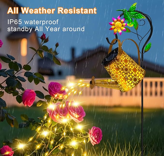 Solar Metal Watering Can with Hummingbird Shepherd Hook and Cascading Lights, Outdoor Solar Lantern for Garden, Yard, Patio Decor and Gardening Gifts for Women Mother's Day