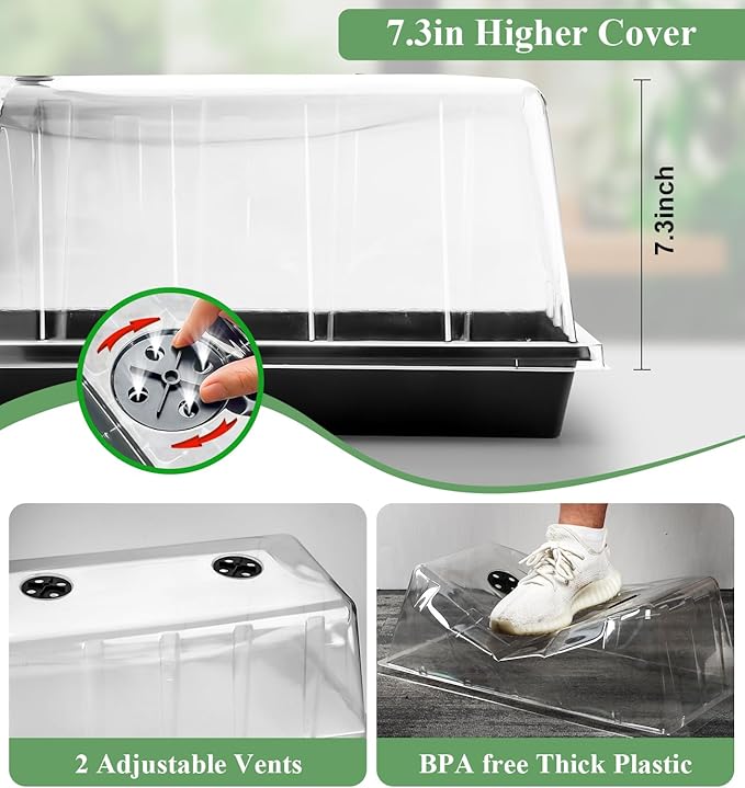 2-pack 1020 Trays with 7.3'' Domes & Heat Mats & Grow Lights – Heavy-Duty 1020 Seed Starter Kits, Seedling Trays with Humidity Domes & Waterproof Heating Mats & LED Lights for Germination Propagation