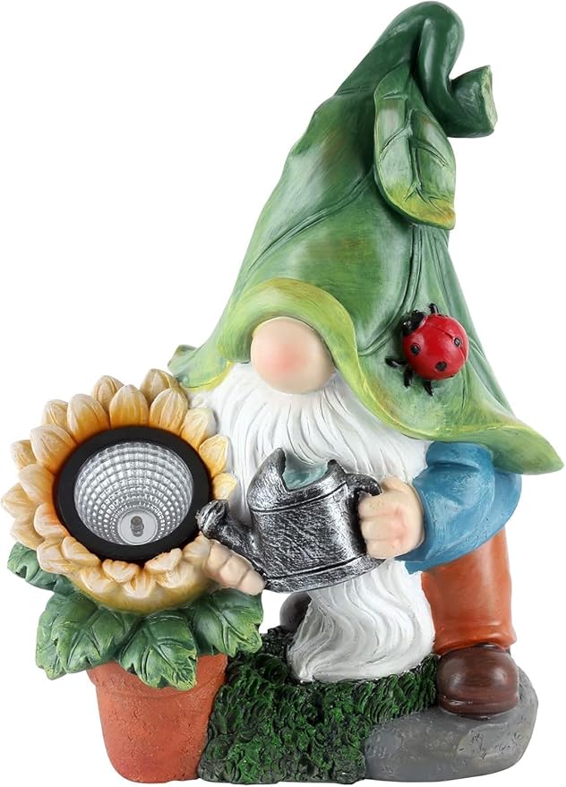 Solar-Powered Large Garden Gnome Watering Can Sunflower - 12 in Garden Decor Gnomes Decorations for Yard Lawn Ornaments Outside Statue Figurine LED Lights (Gnome)