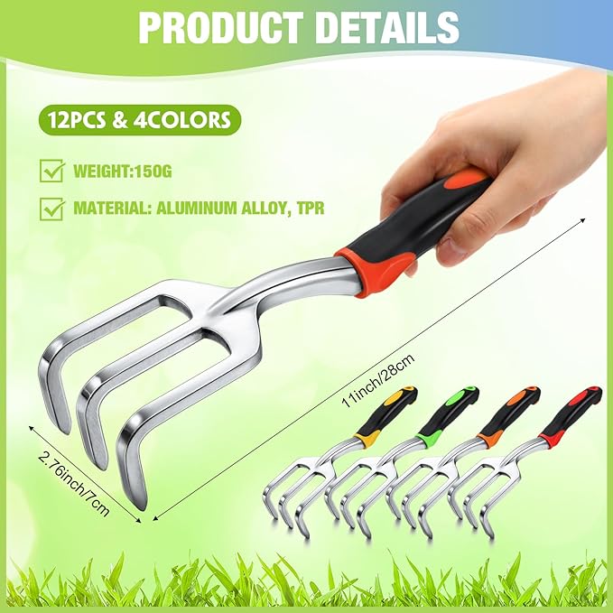 12 Pcs Hand Rake Garden Tool Mini Heavy Duty Garden Cultivator 11 Inch Small Rake Gardening Aluminum Alloy Hand Tiller with Handle for Digging Weeding Loose Soil (Red,Orange,Yellow,Green)