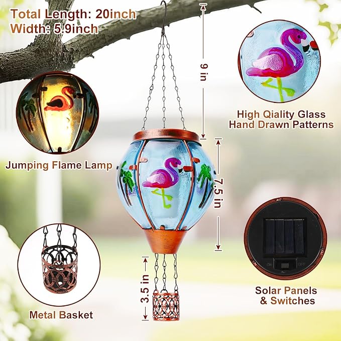 Flamingo Solar Hot Air Balloon Lantern, Outdoor Decor with Flame Lights Waterproof, Hanging Lights for Garden Yard Lawn Patio, Unique Gifts for Women Mom Grandma Gardener for Mother'Day