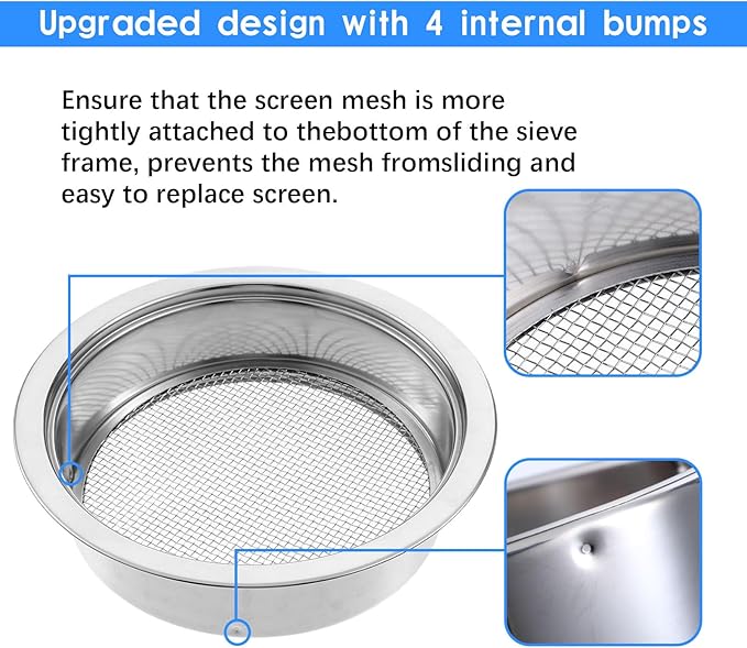 Soil Sieve Sifter Set, Stainless Steel, 3 Interchangeable Mesh Screens (3,6,9mm), Garden Sieve Set, Sifting Screen for Dirt, Sand, Rock, Compost, with Soil Scoops Gardening Tool