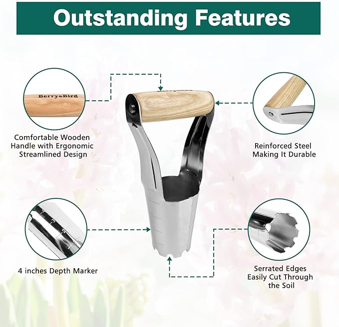 Berry&Bird Garden Bulb Planter with 4 Inches Depth Mark, Stainless Steel Gardening Bulb Transplanter Tool with Short Handle for Planting Flowers Tulips, Daffodils, Lily, Dahlias
