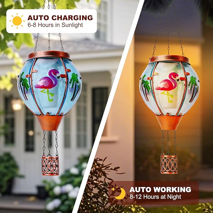 Flamingo Solar Hot Air Balloon Lantern, Outdoor Decor with Flame Lights Waterproof, Hanging Lights for Garden Yard Lawn Patio, Unique Gifts for Women Mom Grandma Gardener for Mother'Day