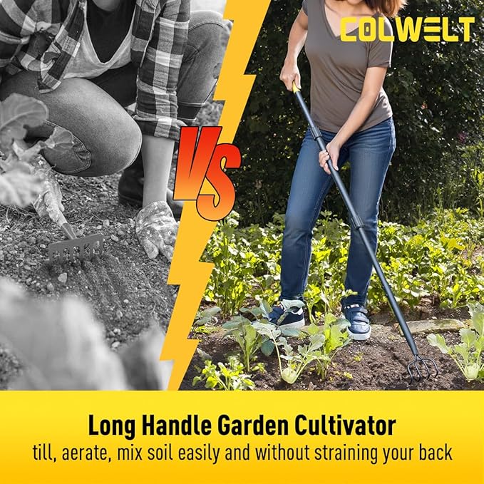 Colwelt 4 Tines Garden Cultivator Rake 59'', Hand Tiller Garden Tool with Sharp Forged Steel Head, Cultivators for Gardening with Long Handle, Garden Tiller for Digging Loosening Weeding