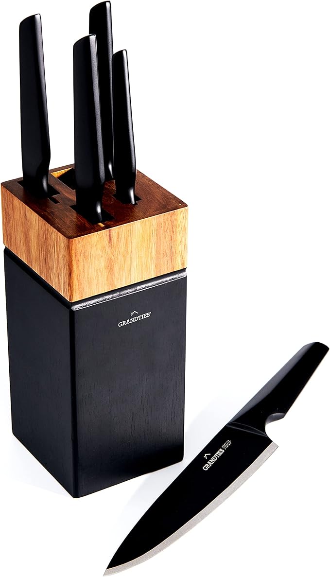 GRANDTIES 7 Piece Nonstick Black Kitchen Knife Set With Block Wooden And Sharpener, High Carbon German Stainless Steel, Ultra Sharp Forged Full Tang Chef Knife Set, Apartment Essentials, Kitchen Décor