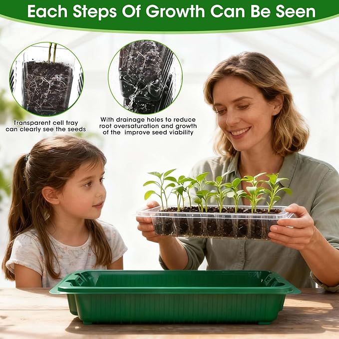 MQUPIN Seed Starter Tray with Grow Light 4 LED, 2 Pack/80 Cells Adjustable Brightness Seed Starter Kit,Seedling Starter Kit with Dome and Base for Greenhouse Seeds Growing Starting(Green)