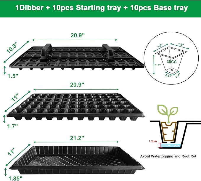 (20Pack) 72-Cell Seed Starter Trays with Dibber, 10 Pack Nursery Starting with Base Tray, 72 Hole Soil Digger for Setting Out Quickly, Seedling Planting Tray, Germination Kit Trays Reusable
