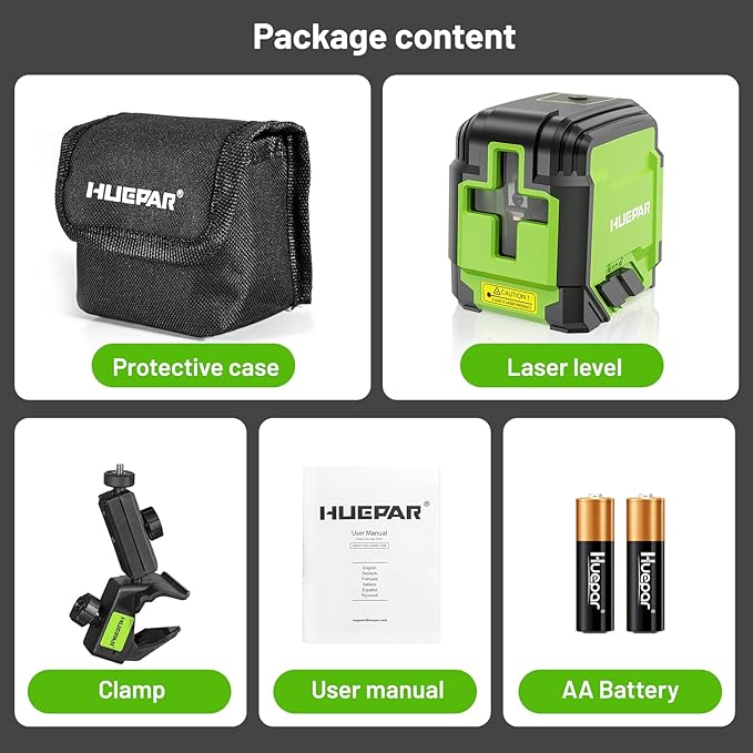 Laser Level with Clamp, HUEPAR 98Ft Self Leveling Laser Level Green Line Laser Cross Line Laser Leveler Tool for Picture Hanging, Tile, Home Renovation, Indoor Project, Battery&Carrying Bag Included