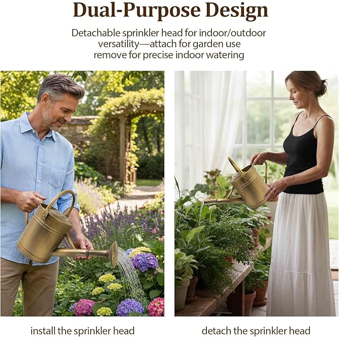 1 Gallon Vintage Bronze Galvanized Metal Watering Can for Indoor/Outdoor Plants,Garden, Balcony for Kids and Adults, Detachable Spout, Retro Rustic Decor (Shadow Patina)