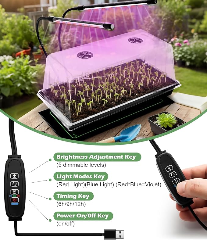 2-pack 1020 Trays with 7.3'' Domes & Heat Mats & Grow Lights – Heavy-Duty 1020 Seed Starter Kits, Seedling Trays with Humidity Domes & Waterproof Heating Mats & LED Lights for Germination Propagation