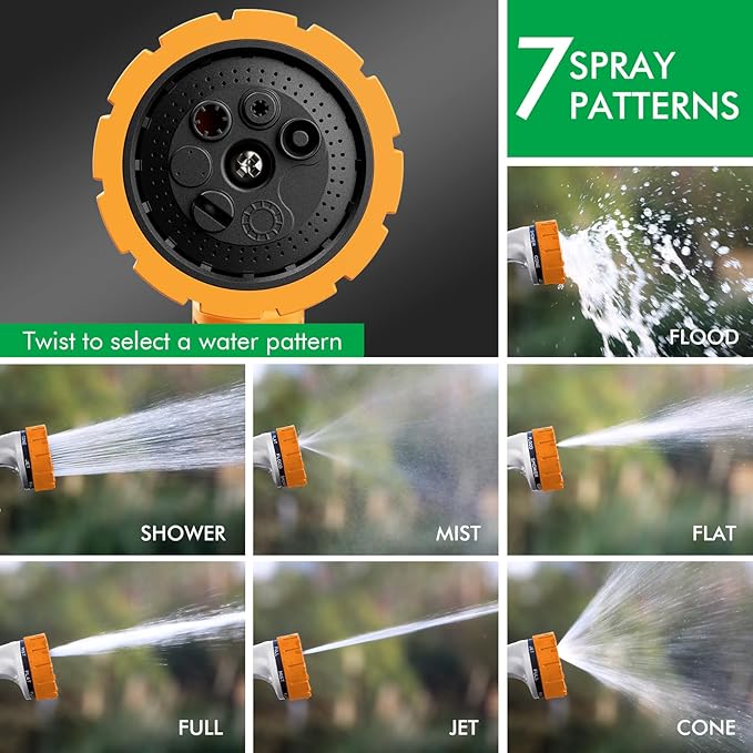 RESTMO Heavy Duty Hose Nozzle, Metal Garden Water Hose Sprayer with 7 Watering Patterns, Thumb Control, On Off Valve, High Pressure Nozzle Sprayer for Watering Plants, Car and Pet Washing, Orange