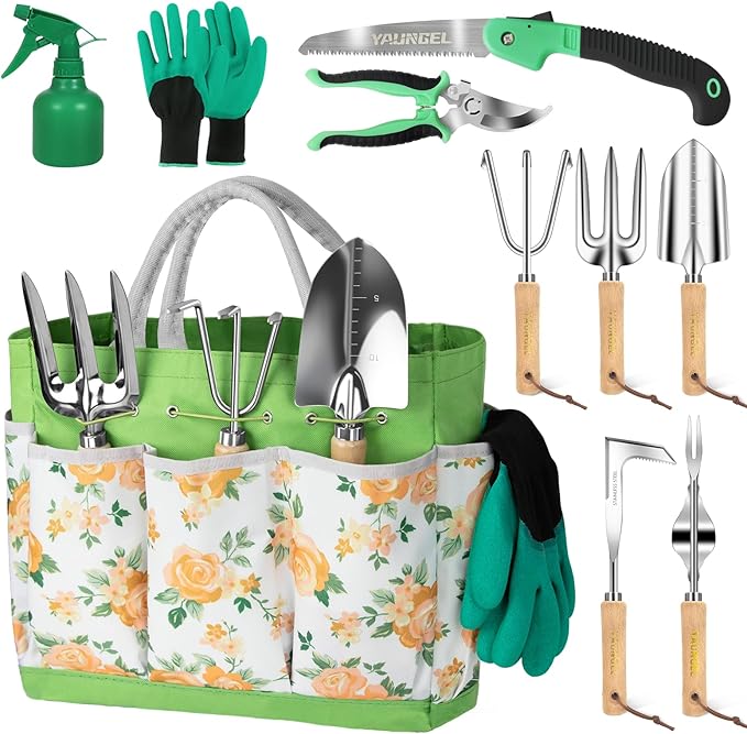 Gardening Tool Set for Women - 10 Piece Heavy Duty Stainless Steel Garden Tools Kit with Ergonomic Non-Slip Handle and Stylish Storage Tote Bag, Ideal Gardening Gifts for Mom, Grandma, Gardeners