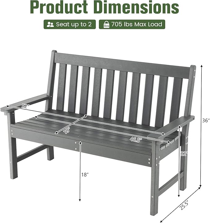 Tangkula 2-Person Outdoor Garden Park Bench, All-Weather HDPE Patio Loveseat Chair with Cozy Backrest, Ergonomic Loveseat Bench for Backyard, Poolside, Front Porch, 705 lbs Max Load