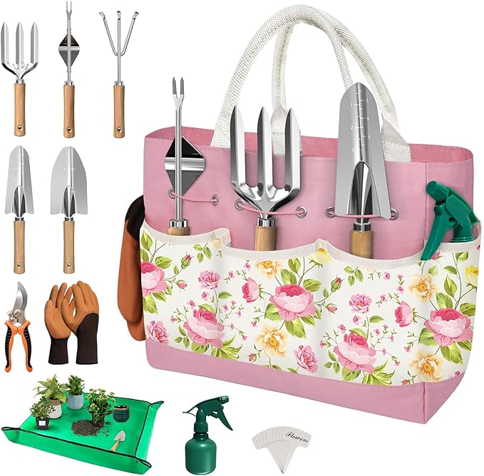 22PCS Garden Tools Set for Women,Heavy Duty Hand Tool Kit Included Handy Tote Bag/Trowel/Repotting Mat/Rake/Pruner/Gloves/Plant Tags,Garden Supplies Gardening Gifts for Beginner Mom-Pink