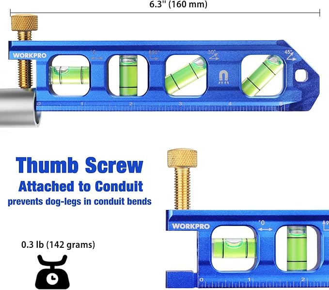 WORKPRO Magnetic Torpedo Level, Conduit Bending Level, Bubble Vials for 0°/90°/30°/45° Measurements, Aluminum Alloy Construction, 6.3-inch, Cobalt Blue