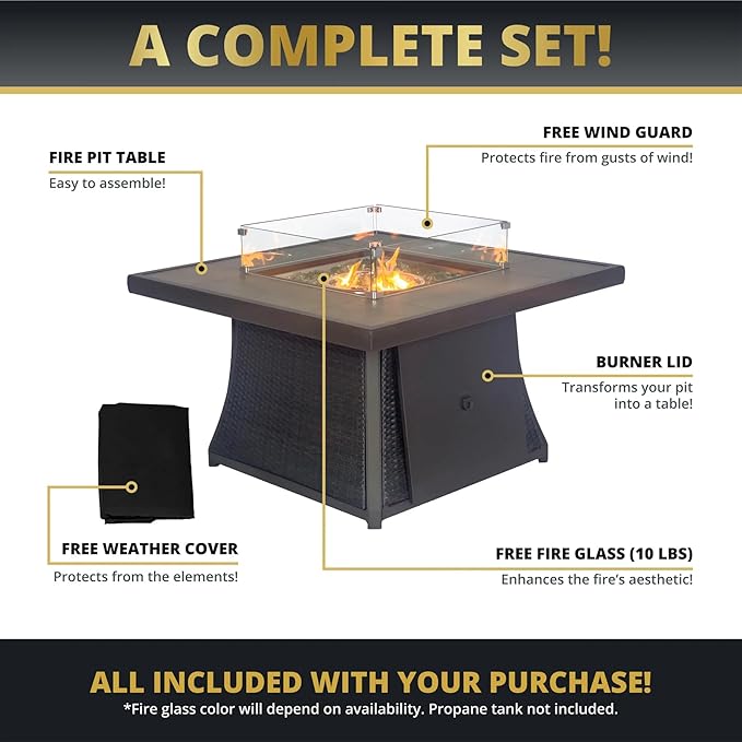 42" Outdoor Fire Pit Table for Patio Square 50,000 BTU CSA Certified Propane Gas Fire Pit with Wicker Base Ceramic Tile Top and Lid&Wind Guard for Garden, Backyard, and Deck Parties