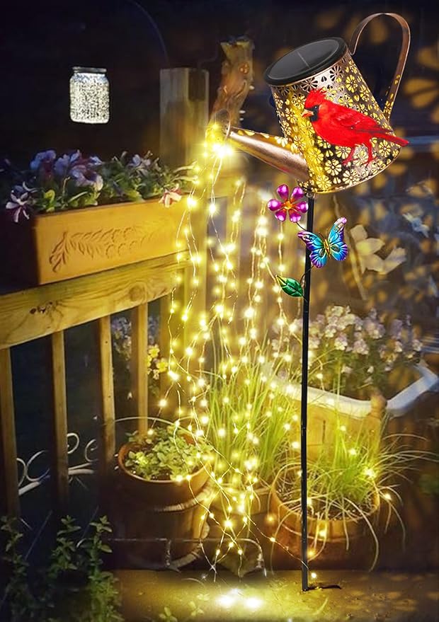Solar Lights Outdoor Decorative, 39.4'' Metal Solar Watering Can Lights with Red Cardinal, Waterproof Garden Stake for Yard Lawn Patio Pathway Landscape, Gardening Gifts for Mom Grandma Women