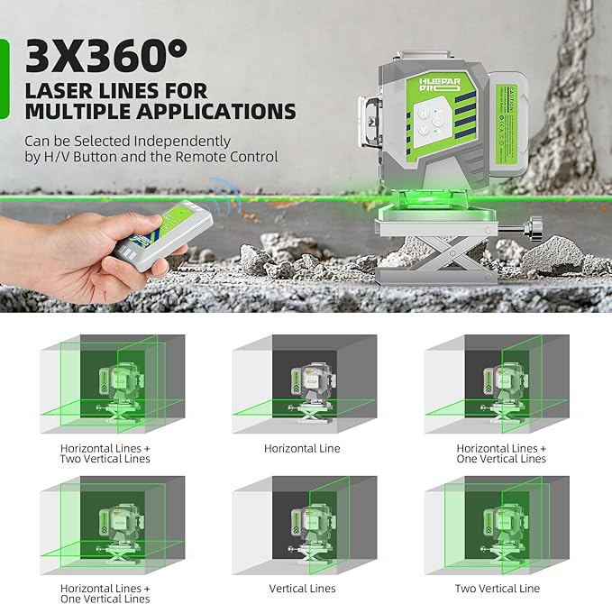 Huepar Pro Laser Level, 3x360° Self Leveling Green Tiling Level Laser Tool, 3D Cross Line Laser Level Tool, High Accuracy Floor Laser with 8000mAh Li-ion Battery, Remote Control & Hard Carry Case