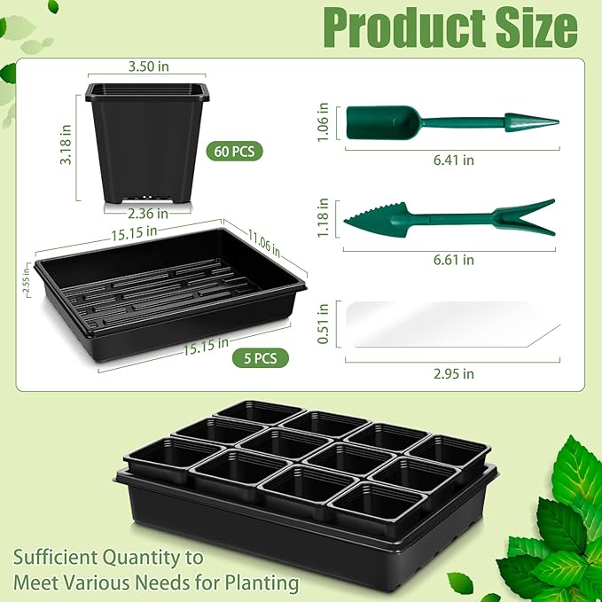 5 Pcs Seed Starter Tray, 3.5 Inch (9CM) 60 Pcs Nursery Pots Kit, Thickened Seed Starting Trays Square Seedling Pots for Plants Sturdy Microgreens Growing Trays Reusable Germination Tray(Black)