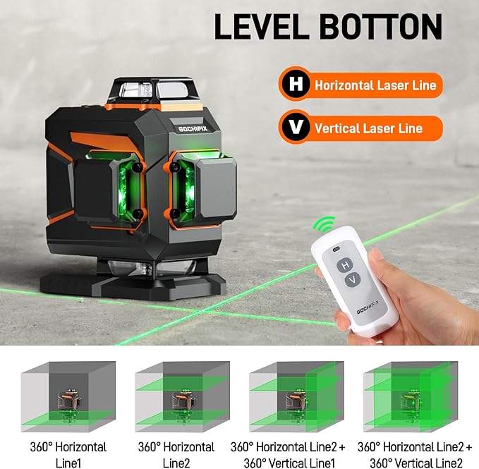 Laser Level 360 Self Leveling Green Light Laser Level Tool Wall Mount Base Bracket 100ft Nivel Laser Rechargeable Battery Receiver for Outdoor Use,4D 4x360