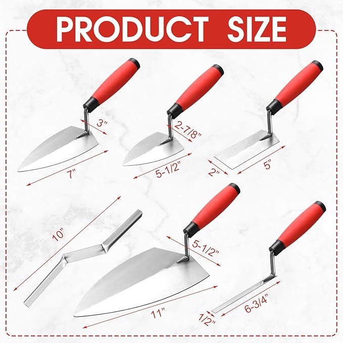 Lasnten 6 PCS Masonry Hand Tool Set 11" x 5-1/2" Philadelphia Brick Trowel 2 Pointing Trowel 5 x 2'' Margin 1/2" Tuck 5/8'' x 1/2'' Convex Brick Jointer Soft Grip Handle Concrete Towel Tool Finishing