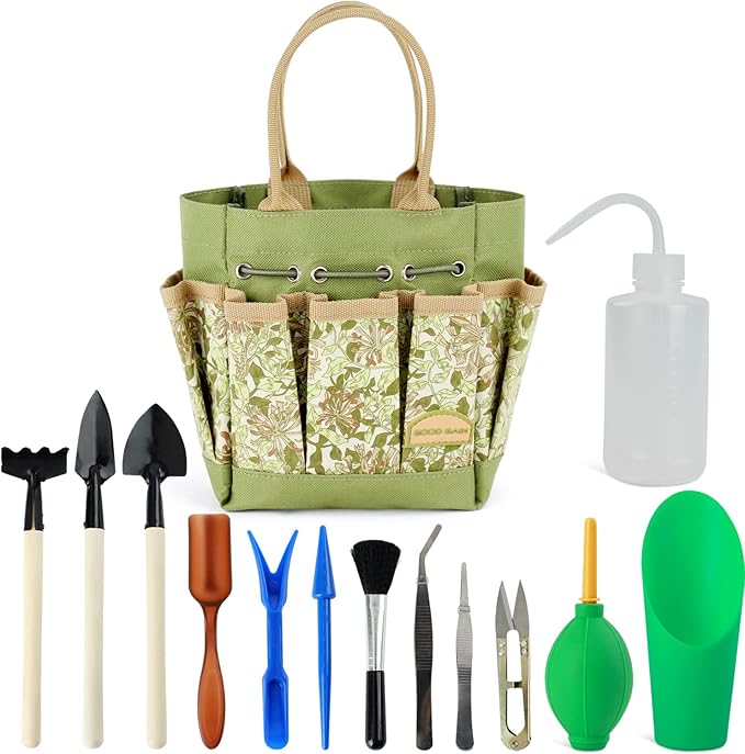 G GOOD GAIN Garden Succulent Kit with Organizer Bag, 15 Pieces Succulent Tools, Indoor Mini Hand Gardening Tools Set with Carrier for Bonsai Planter Miniature Fairy Planting Care(Honeysuckle)