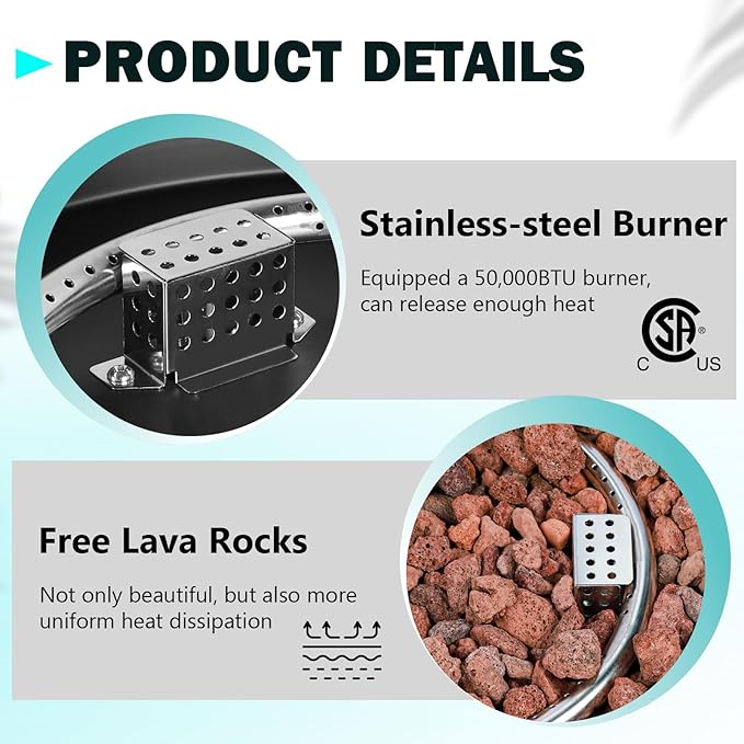 36" Round Propane Fire Pit Table,50,000 BTU Outdoor Concrete Gas Firepit with Lava Rocks & Rain Cover,Modern Patio Coffee Table for Outside Patio,Backyard and Deck