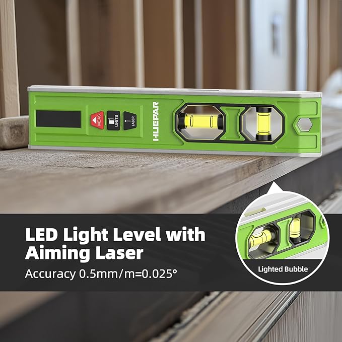 Huepar 3-in-1 Laser Level /65Ft Laser Distance Measure/Magnetic Torpedo Level, 9 in Spirit Level with LED Display and Lighted Bubble, Type C Rechargeable Magnetic Laser Leveler Tool - VJ10