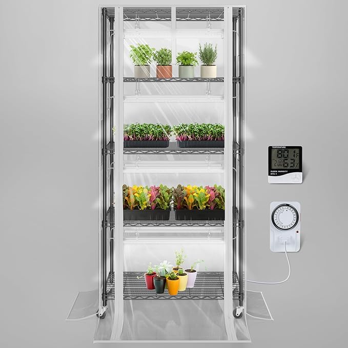 SOLIGT Indoor Greenhouse with Grow Lights - 5 Tier Plant Shelf & 8 x 2FT 6000K Full Spectrum Lights, Thick PVC Cover, Mesh Ventilation, Mini Small Greenhouse Cabinet for Seed Starting Seedlings Growth