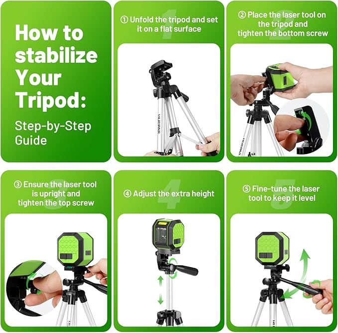 Laser Level with 42 Inch Tripod, Huepar 100Ft Self Leveling Laser Level Rechargeable Green Cross Line Lazer Leveler Tool for Picture Hanging, Tile, Home Renovation, Carrying Bag Included